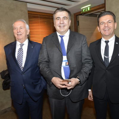 Economy Talks, February 2016: Micheil Saakaschwili, Governor of Ukraine’s Odessa Oblast (middle) and Dr. Ingo Friedrich (left ) former Vice-president of the European Parliament with Consul Dr. Poetis